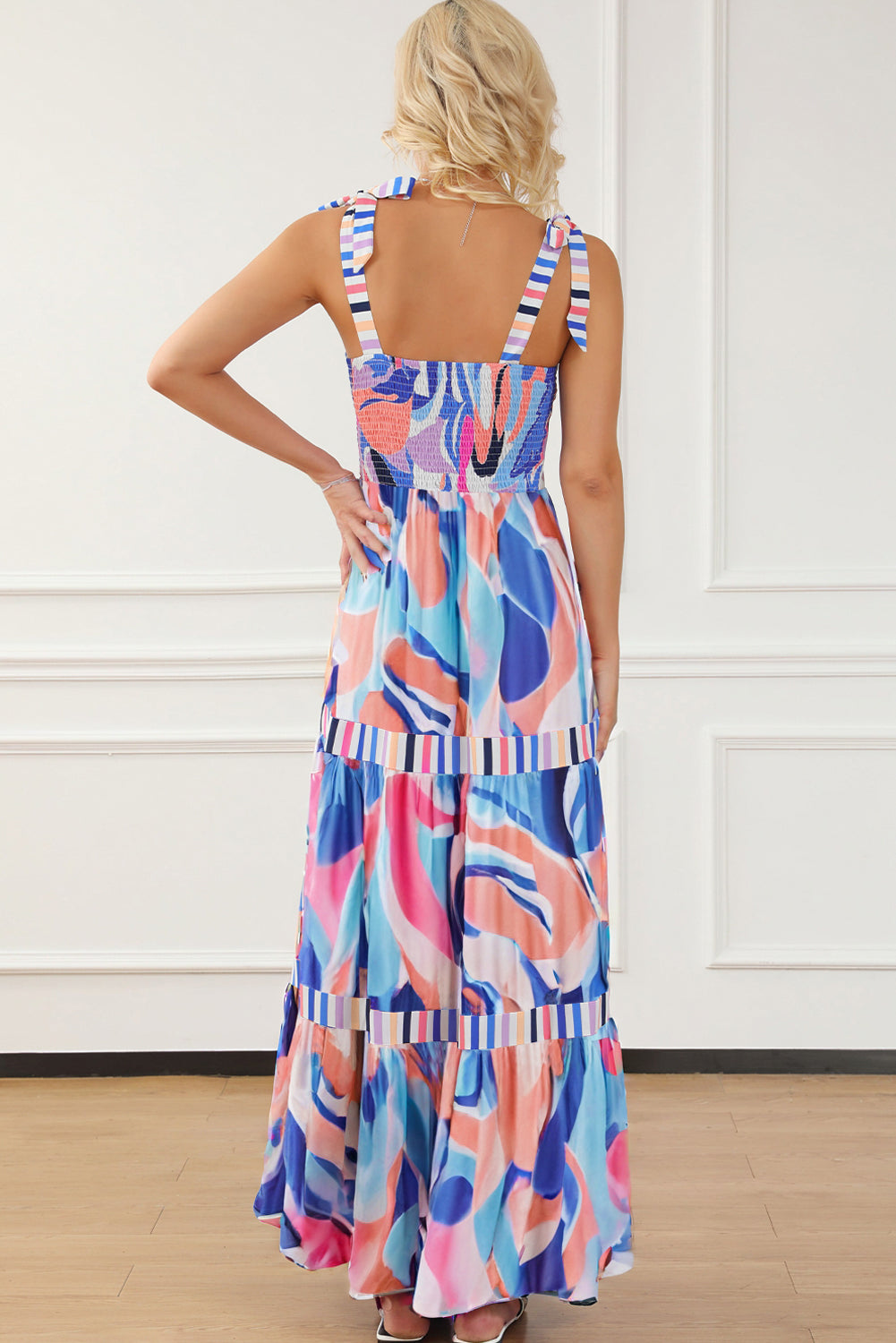 Abstract Stripe Patchwork Tie Strap Maxi Dress