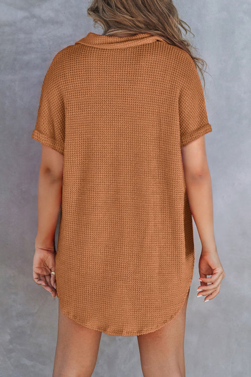 Solid Waffle Knit Round Hem Chest Pocket Tee