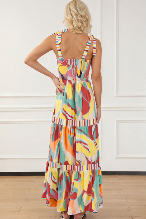 Abstract Stripe Patchwork Tie Strap Maxi Dress