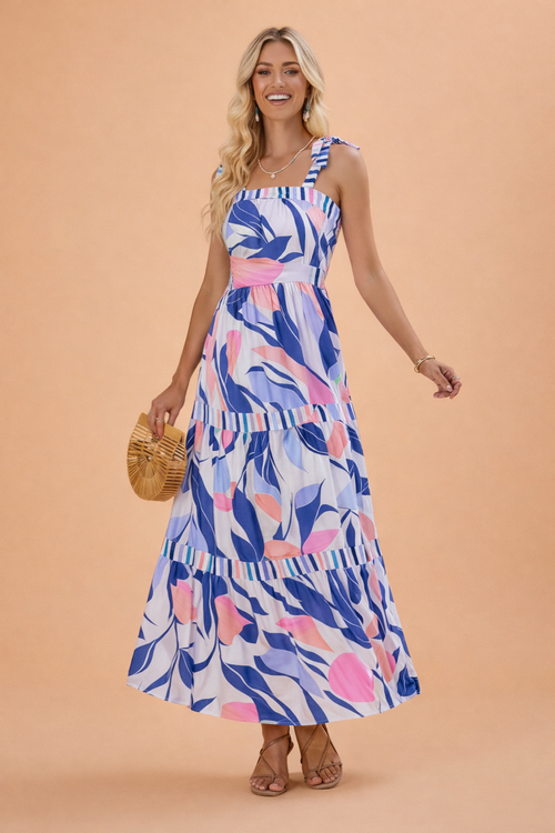 Abstract Stripe Patchwork Tie Strap Maxi Dress