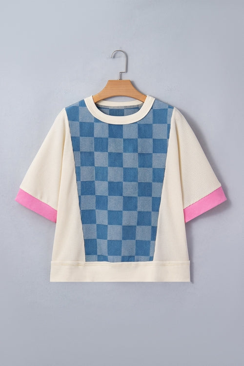 Checker Denim Patchwork Short Sleeve Loose Top